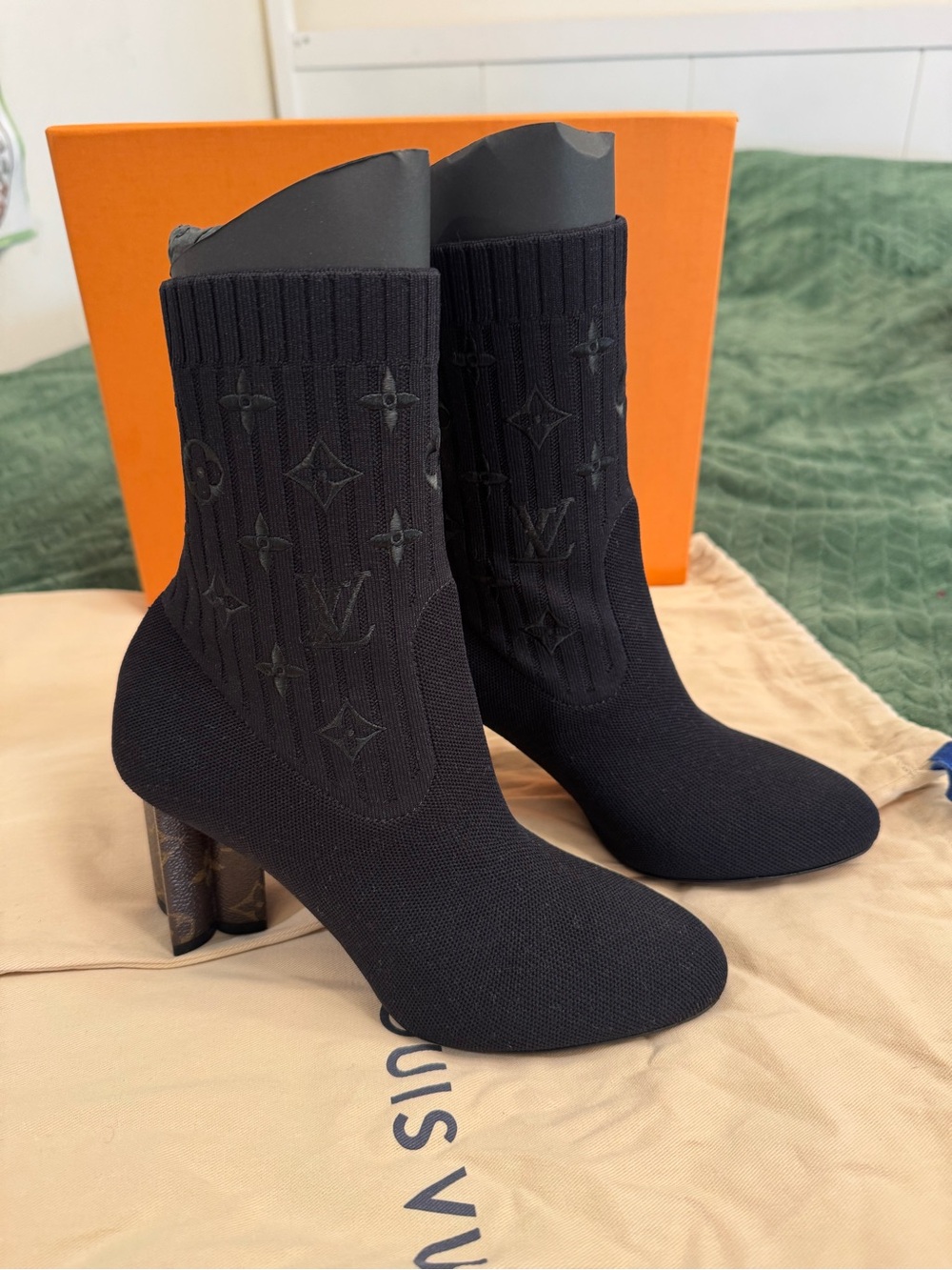 Louis Vuitton Silhouette Ankle Boot  (Black Monogram Knit Sock Ankle Boots) NEW